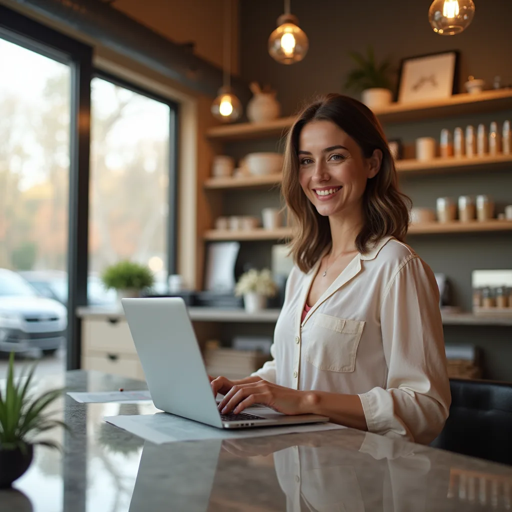 Small business owner at her shop counter in the Philadelphia suburbs reviewing marketing results on a laptop