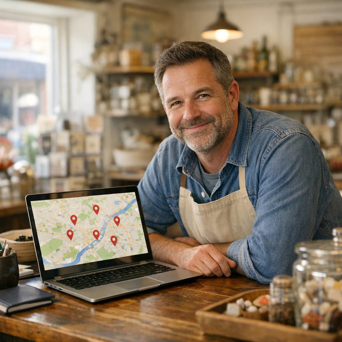 Small business owner at a shop counter reviewing a map of local search location pins on a laptop
