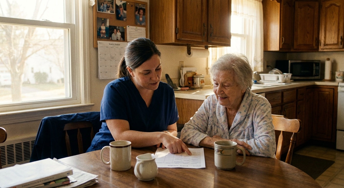 Home care aide in scrubs reviewing a weekly schedule with a smiling elderly client at her kitchen table