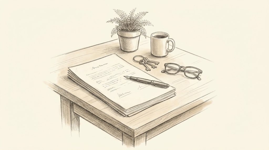 Pencil sketch of a desk with a signed multi-page service agreement, a fountain pen, reading glasses, keys, a coffee mug and a potted fern