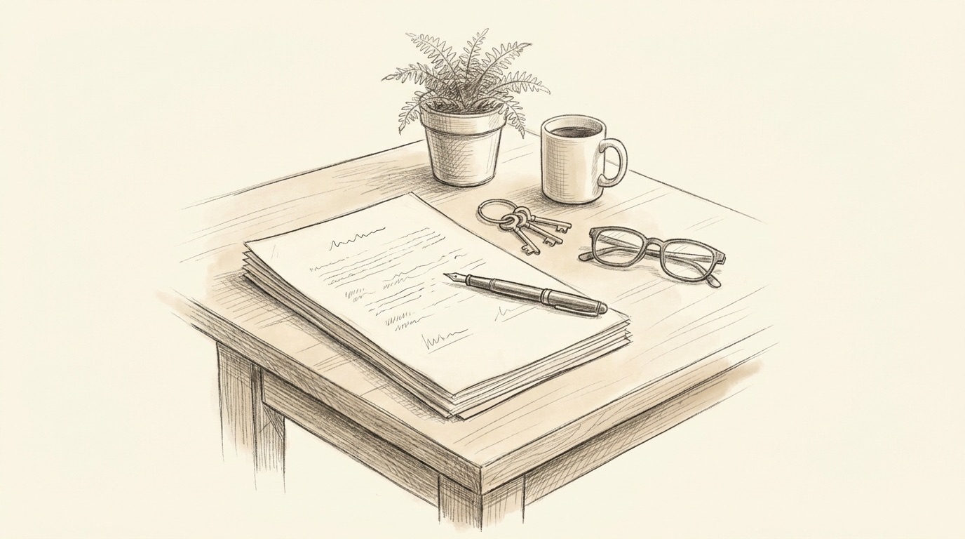 Pencil sketch of a desk with a signed multi-page service agreement, a fountain pen, reading glasses, keys, a coffee mug and a potted fern