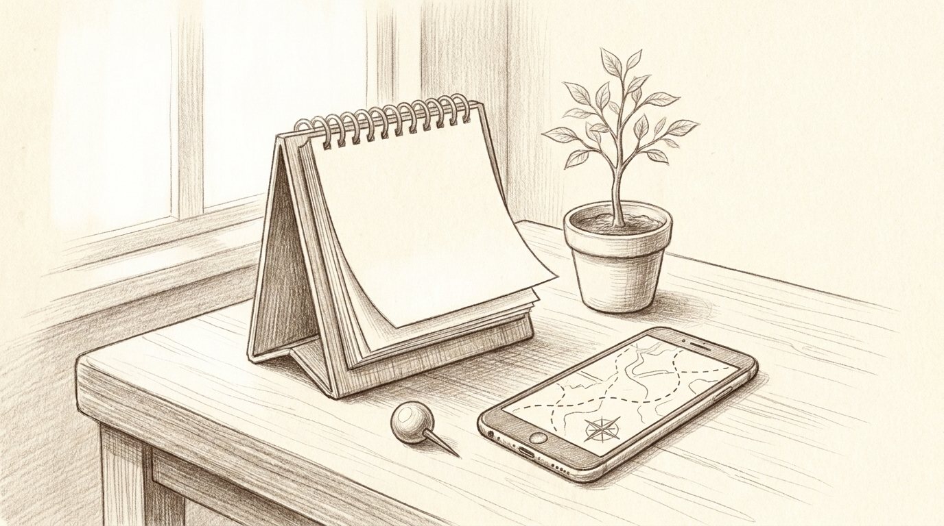 Pencil sketch of a desk calendar, a young potted plant, a map pin and a phone showing a map, illustrating local SEO results growing over time