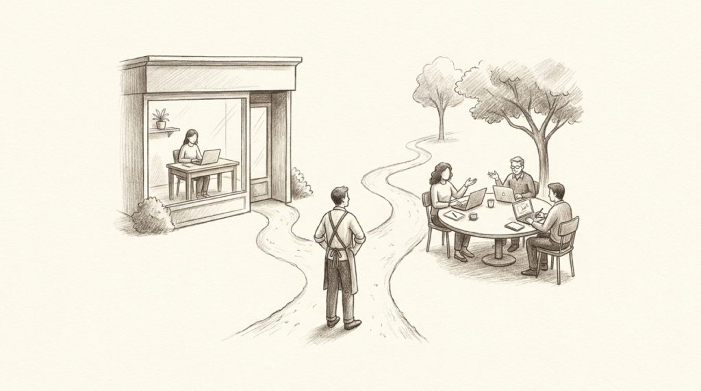 Pencil illustration of a small business owner choosing between a path to one in-house marketer at a desk and a path to an outside team working around a table