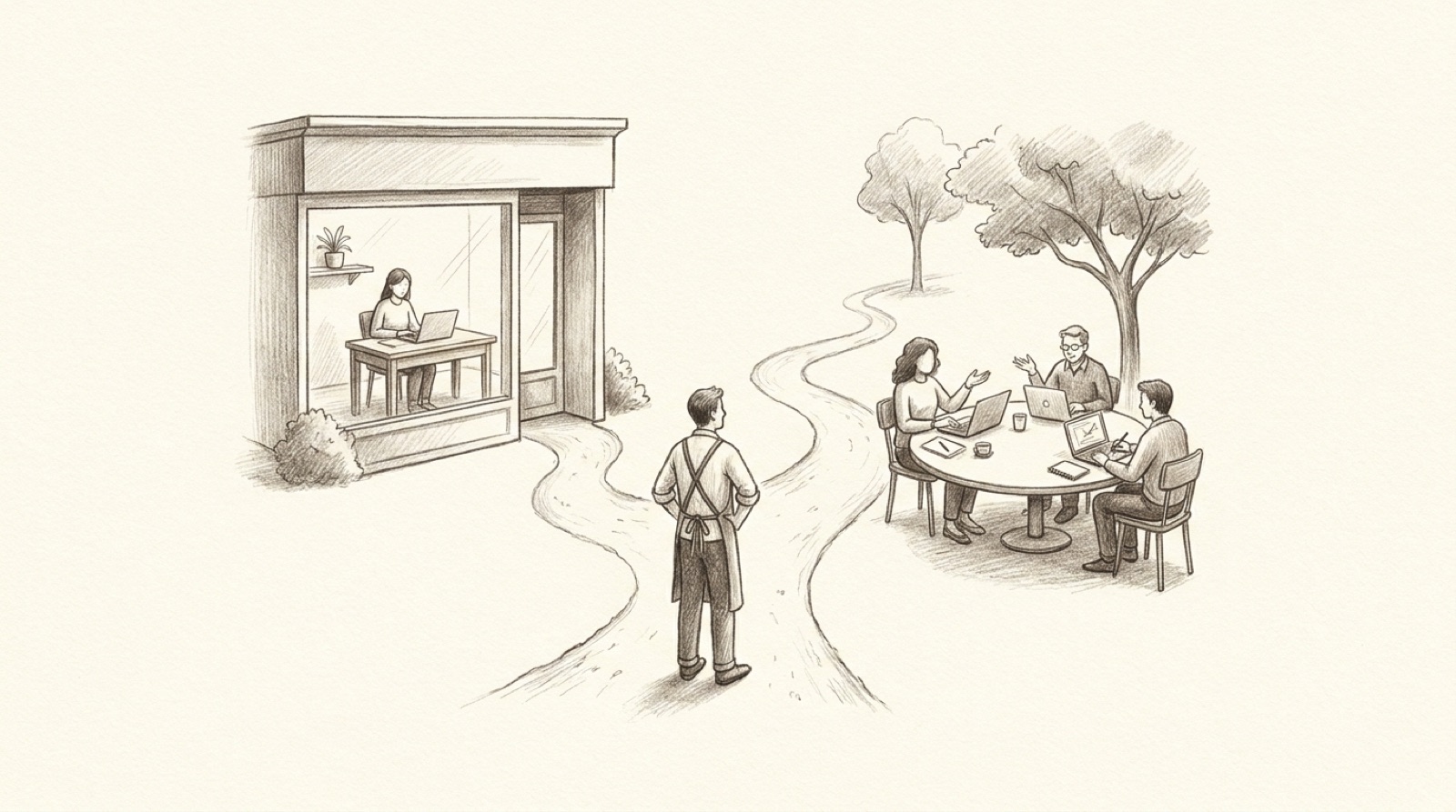 Pencil illustration of a small business owner choosing between a path to one in-house marketer at a desk and a path to an outside team working around a table