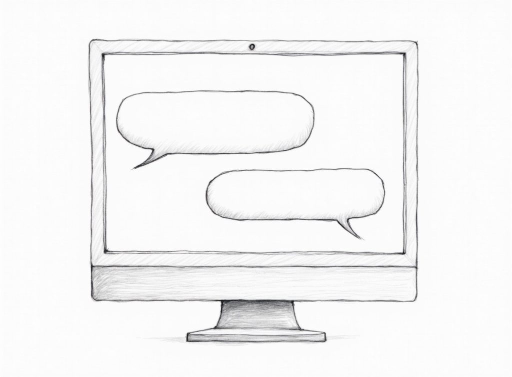 Pencil sketch of a monitor showing blank chat bubbles