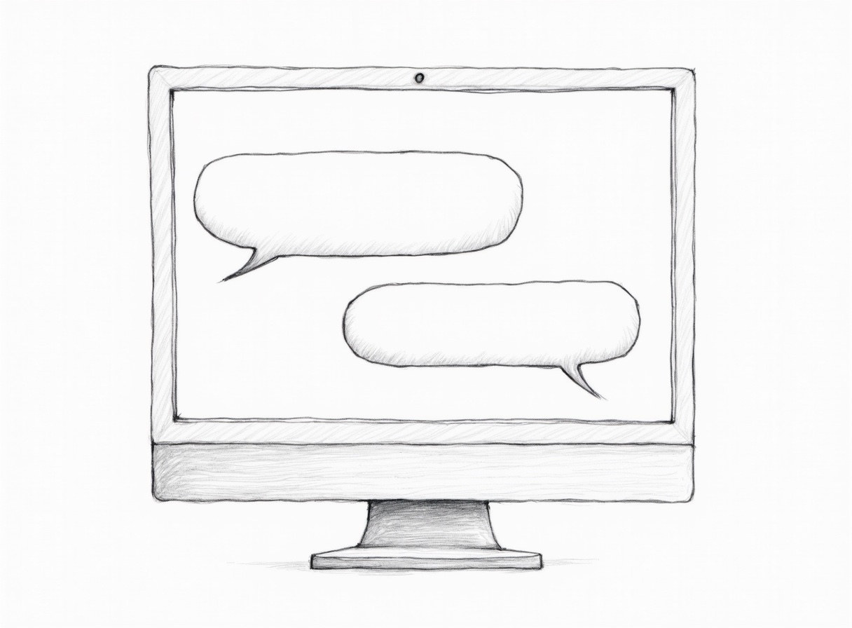 Pencil sketch of a monitor showing blank chat bubbles