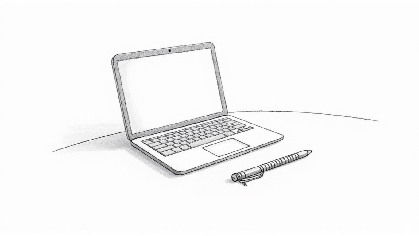 Pencil sketch of a laptop, notebook and pencil on a desk