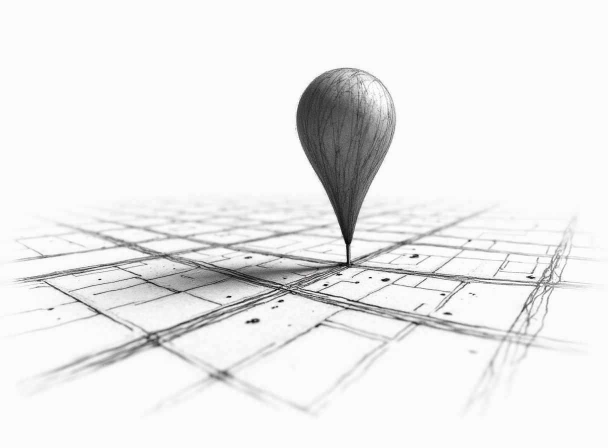 Pencil sketch of a map pin above a neighborhood street grid