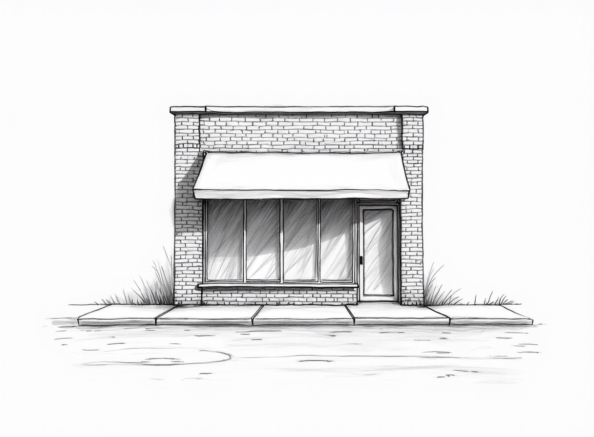 Pencil sketch of a small brick storefront with an awning