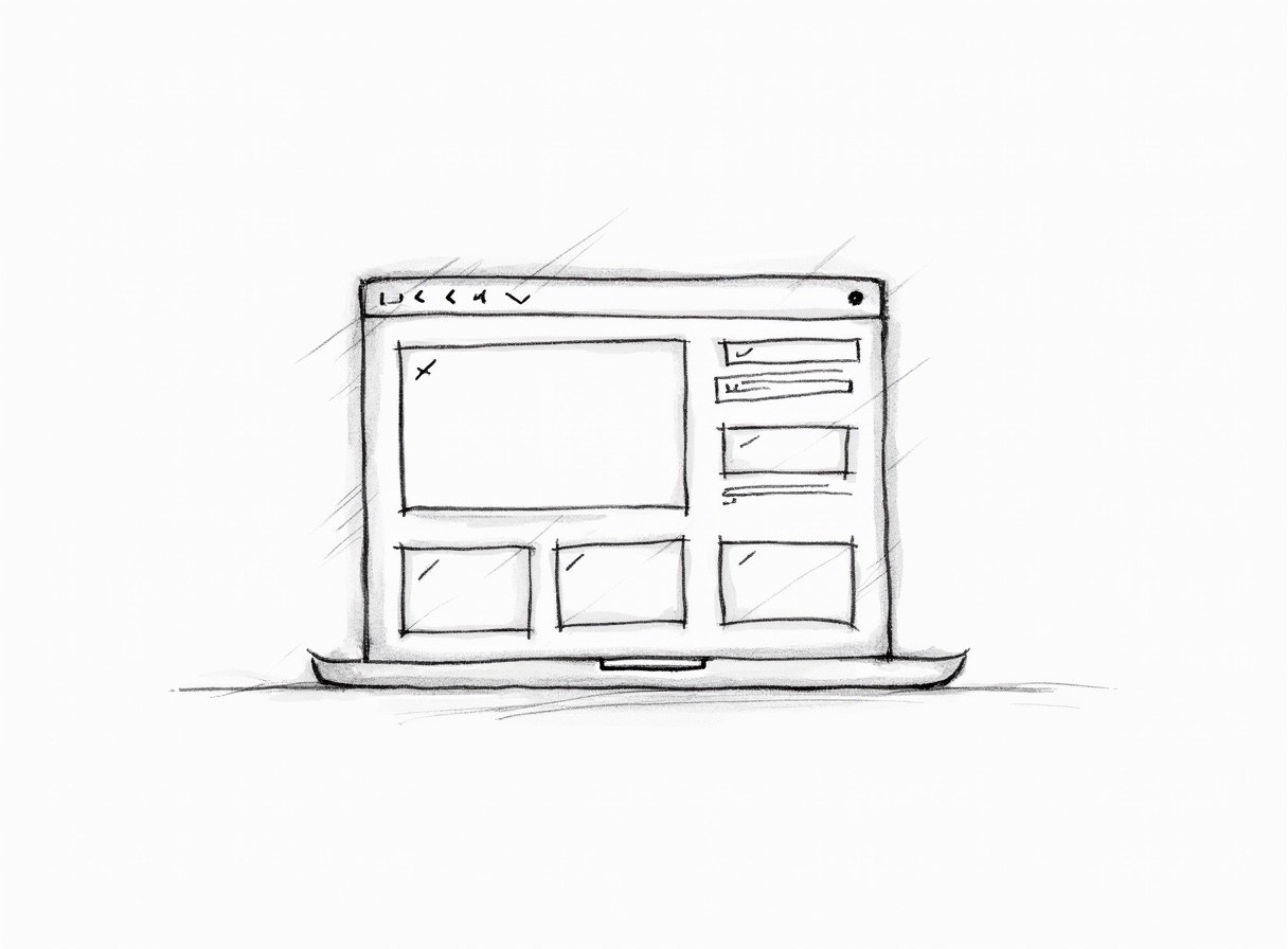 Pencil sketch of a laptop showing a website wireframe layout