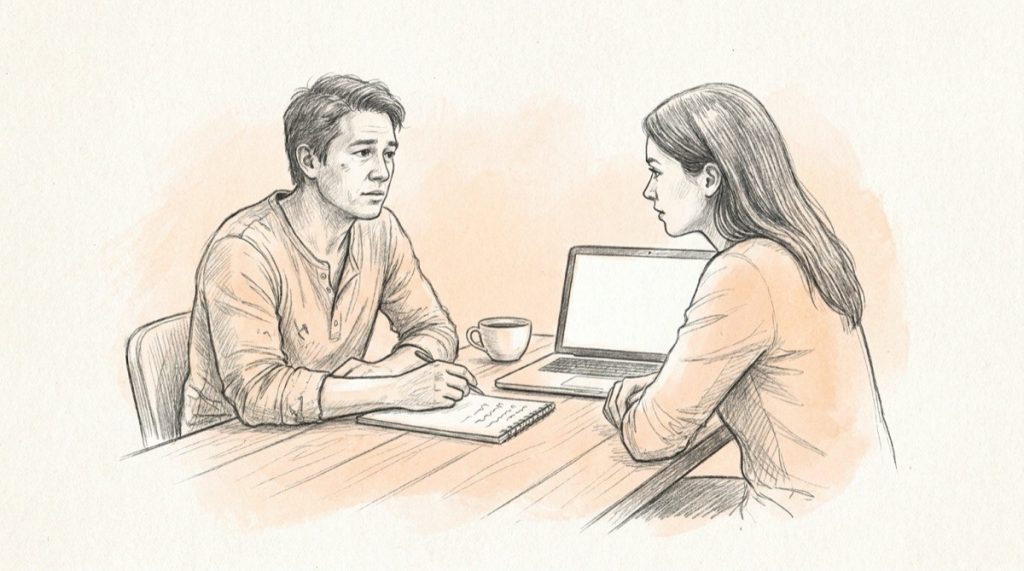 Pencil illustration of a small business owner reviewing a list of questions with a marketing consultant across a table