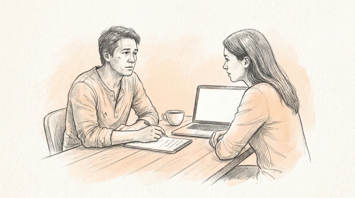 Pencil illustration of a small business owner reviewing a list of questions with a marketing consultant across a table