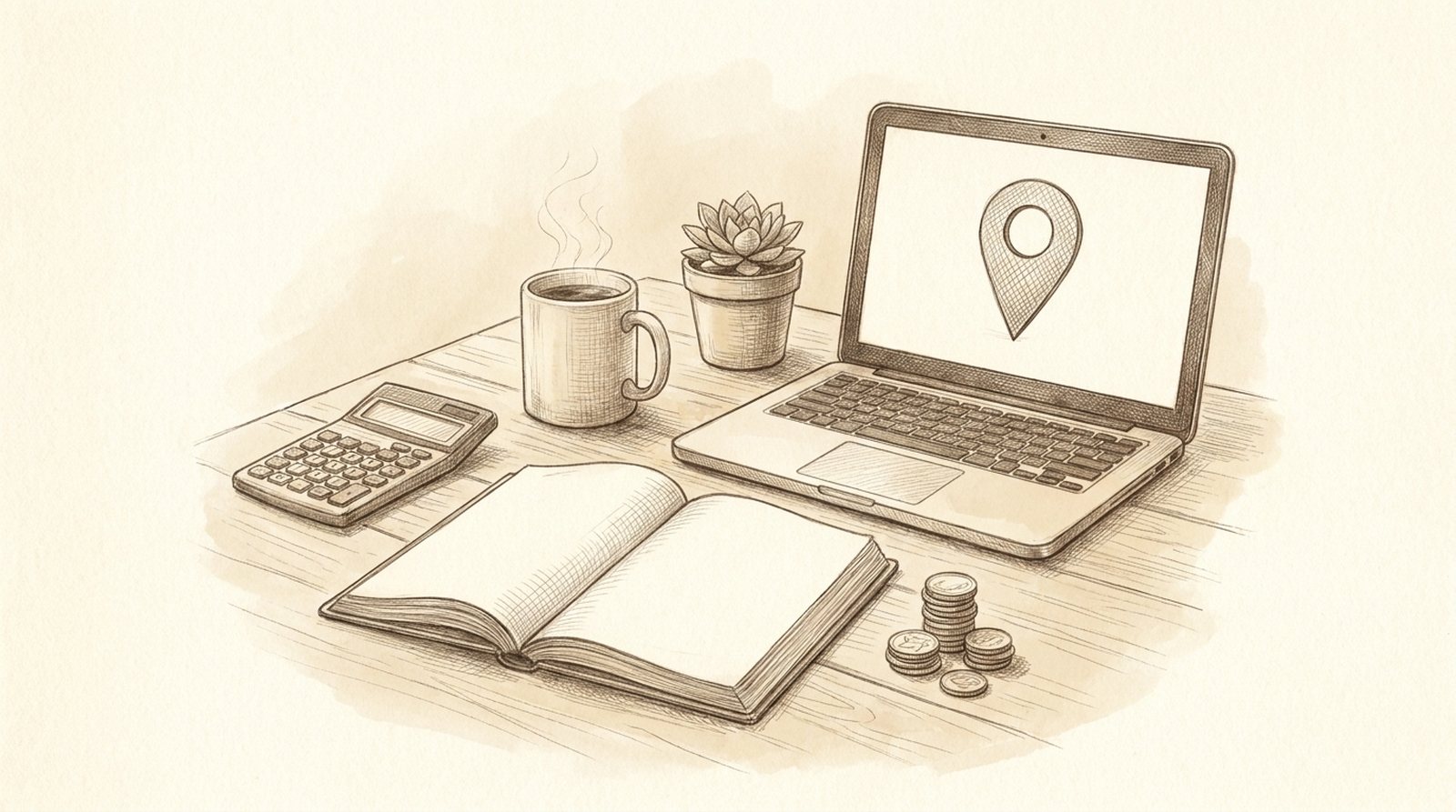 Pencil illustration of a small business owner's desk with an open ledger, a calculator, a coffee mug, stacked coins and a laptop showing a map pin