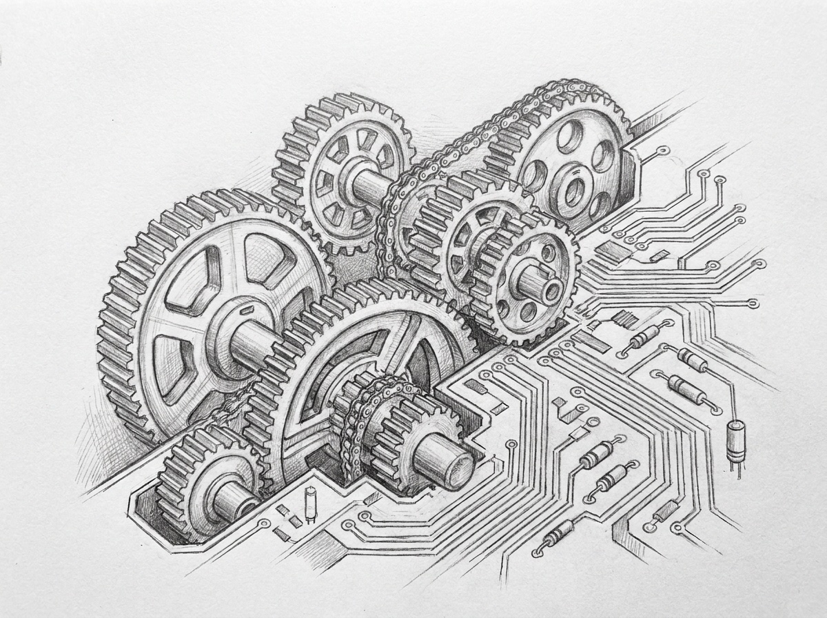 Pencil sketch of interlocking gears on a circuit board