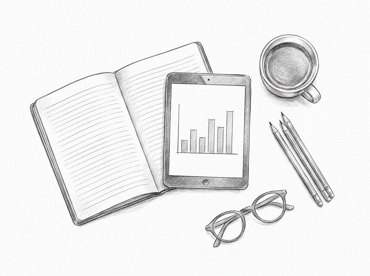 Pencil sketch of a notebook, a tablet showing a bar chart, glasses and a coffee cup on a desk