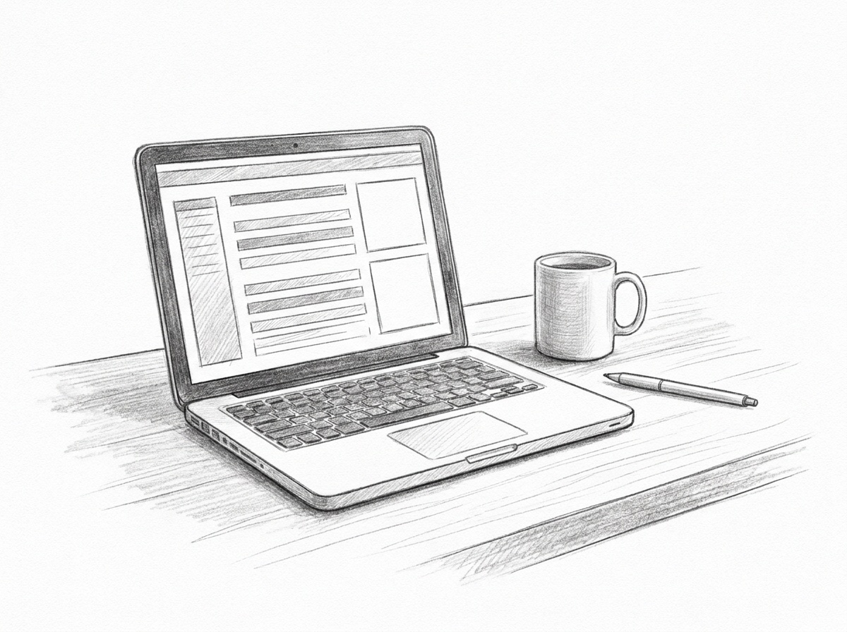 Pencil sketch of a laptop showing search results next to a coffee mug