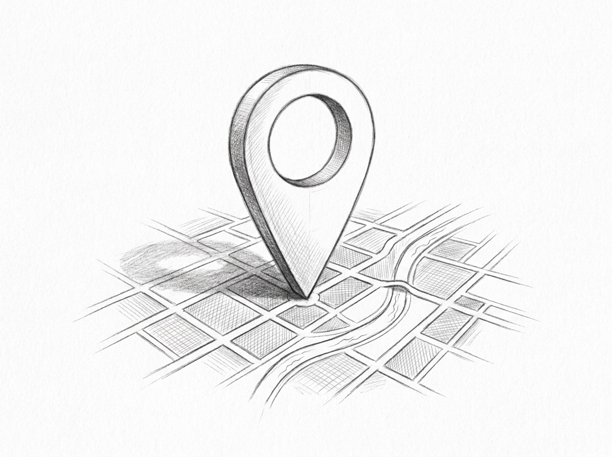 Pencil sketch of a map pin above a street grid