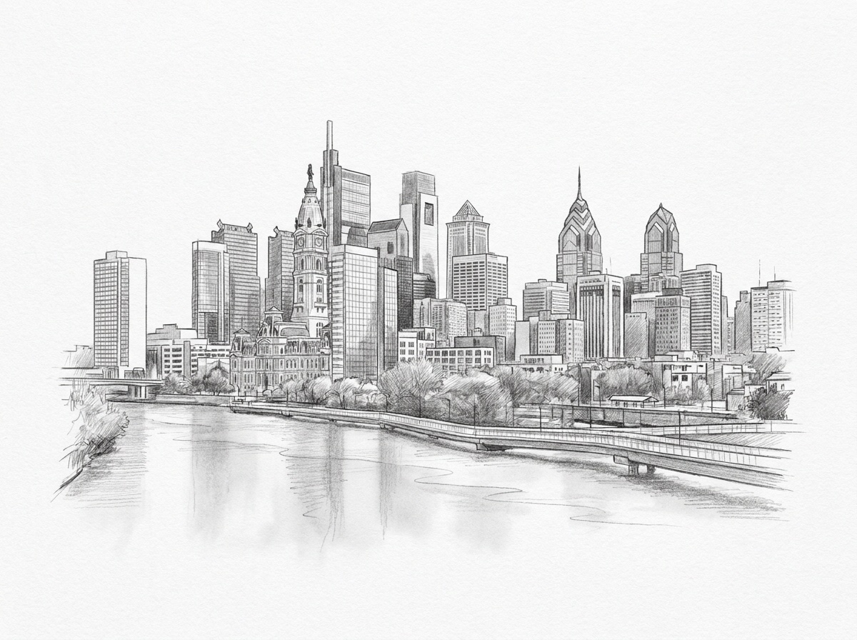 Pencil sketch of the Philadelphia skyline over the river