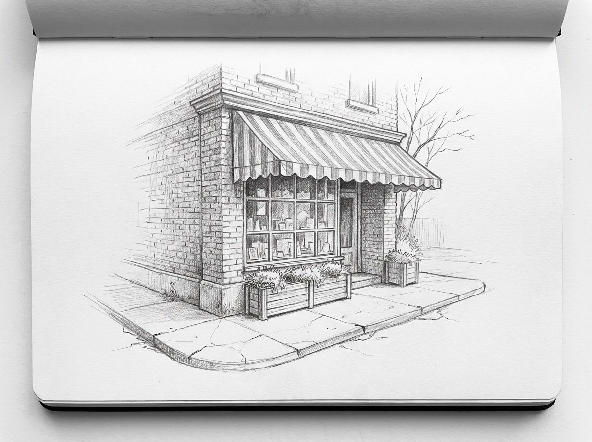 Pencil sketch of a small brick storefront with a striped awning