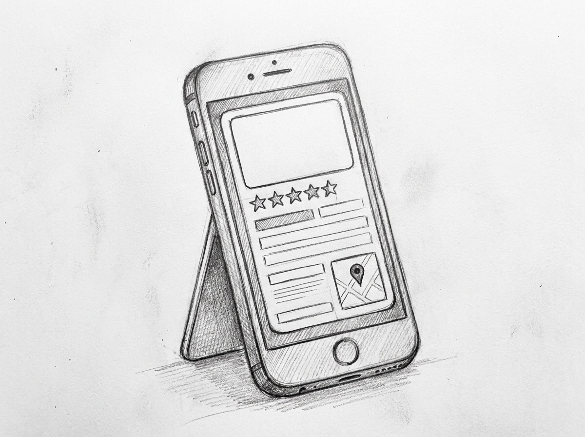 Pencil sketch of a phone showing a local business listing with star ratings and a map