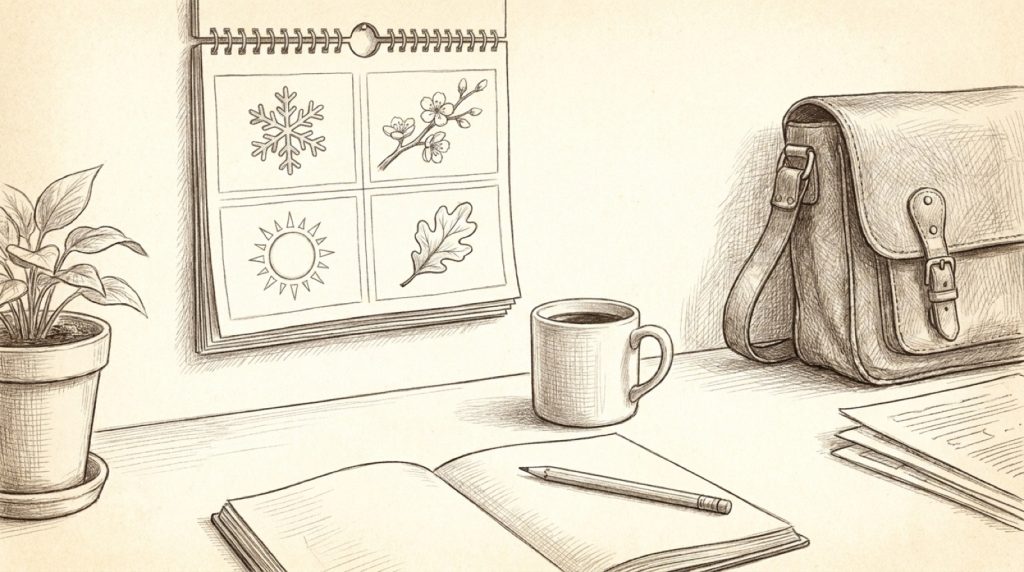 Pencil sketch of a small business desk with a wall calendar showing a snowflake, spring blossom, summer sun and autumn leaf, a coffee mug and an open notebook