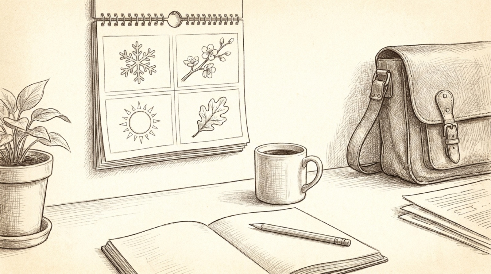 Pencil sketch of a small business desk with a wall calendar showing a snowflake, spring blossom, summer sun and autumn leaf, a coffee mug and an open notebook