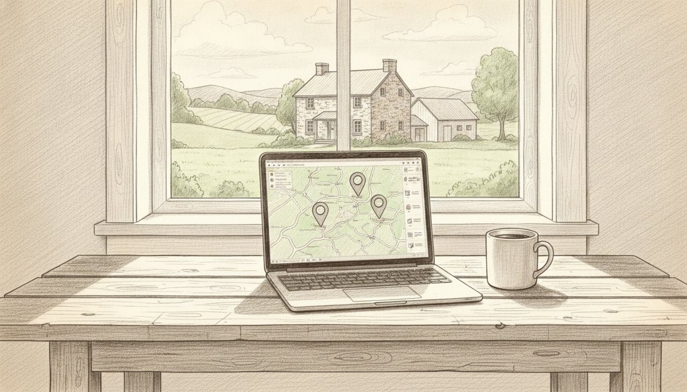 Pencil sketch of a laptop map with three location pins on a farmhouse table, with a stone farmhouse through the window