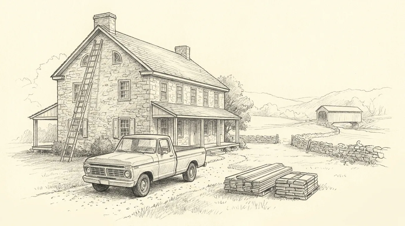 Pencil sketch of a Bucks County fieldstone farmhouse with a contractor pickup truck, a ladder against the gable and stacked lumber, with a covered bridge in the hills