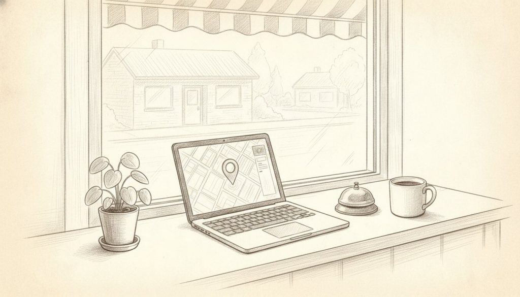 Pencil sketch of a laptop map with a location pin on a small shop counter on a suburban main street