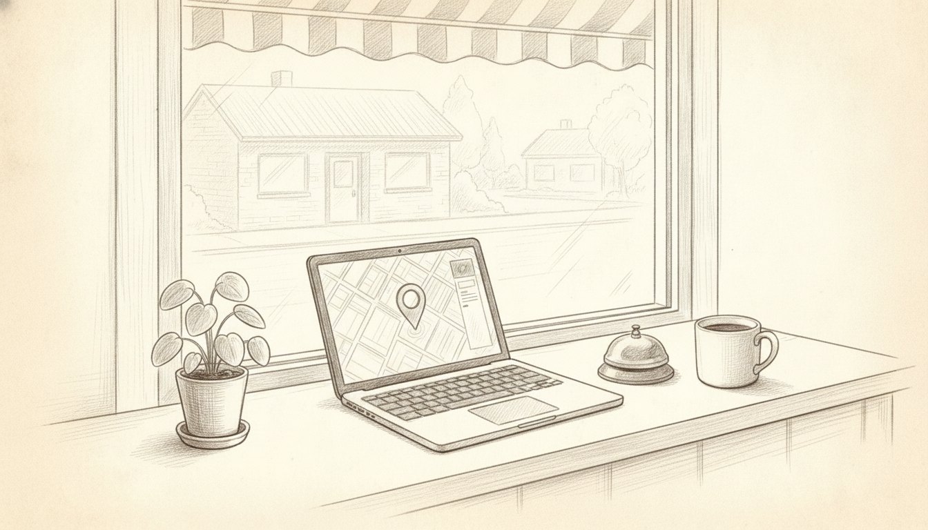 Pencil sketch of a laptop map with a location pin on a small shop counter on a suburban main street