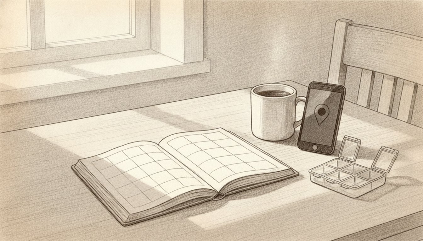 Pencil sketch of an open planner, a pill organizer, tea and a phone showing a map pin on a kitchen table