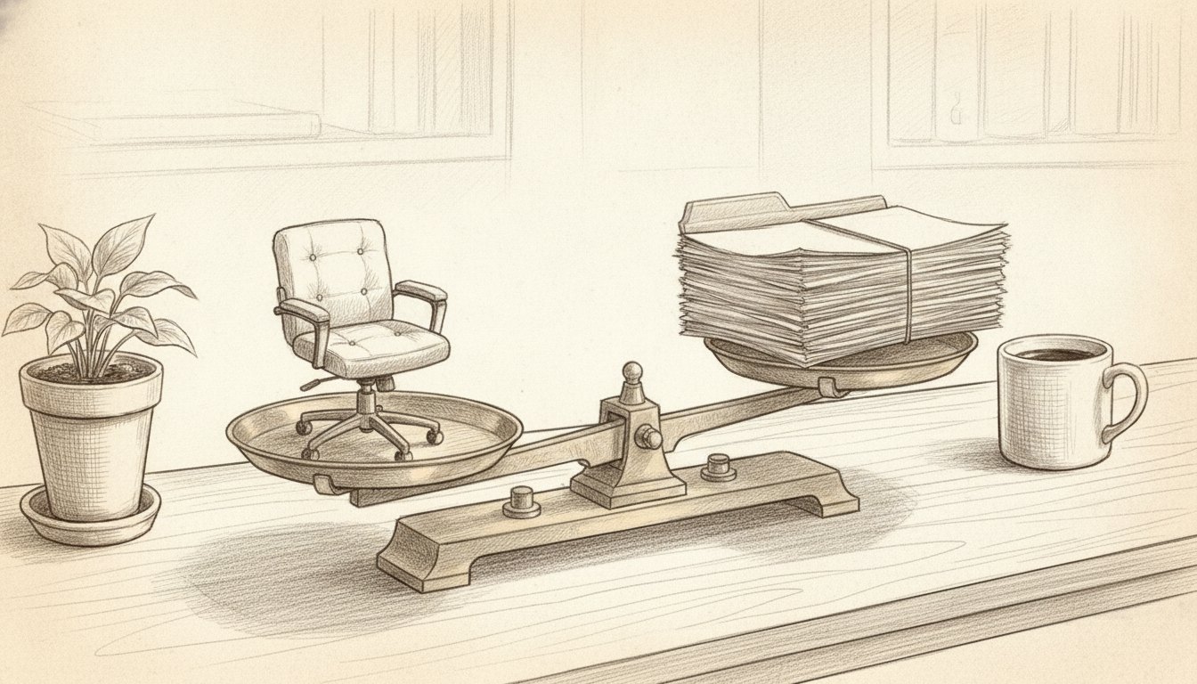 Pencil sketch of a balance scale weighing a small office chair against a stack of folders on a desk