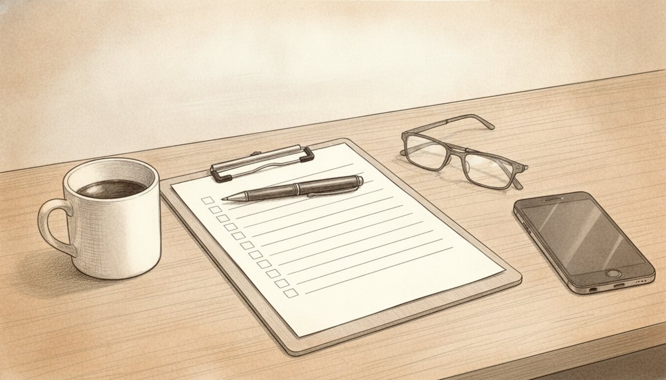 Pencil sketch of a clipboard with an empty checklist, a pen, reading glasses, a phone and coffee