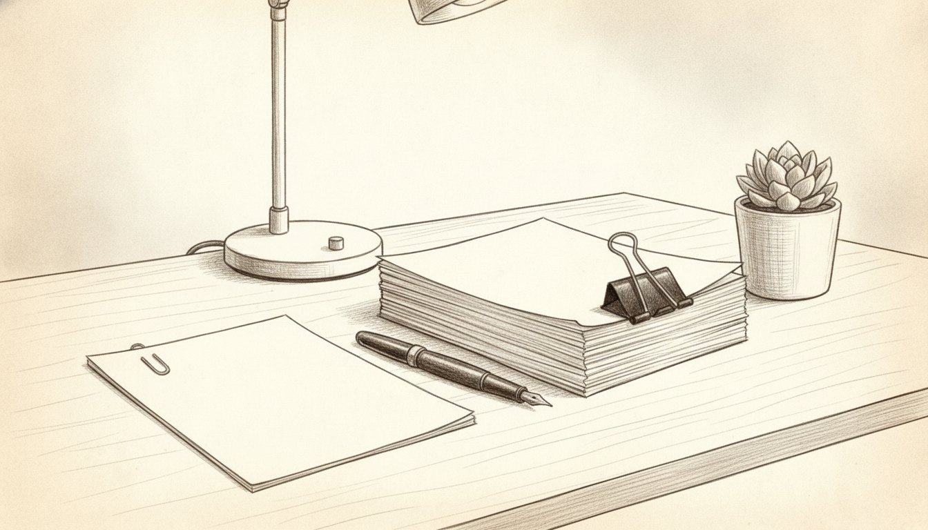 Pencil sketch of a single clipped page next to a thick bound stack of paper and a fountain pen on a desk