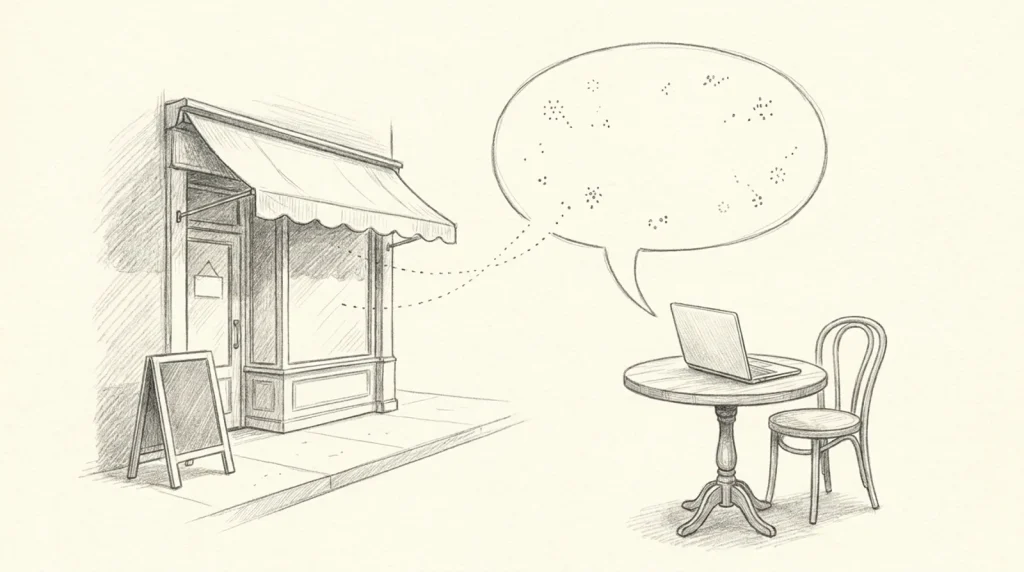 Pencil sketch of a small main street storefront with an awning, linked by dotted lines to a speech bubble above a laptop on a cafe table