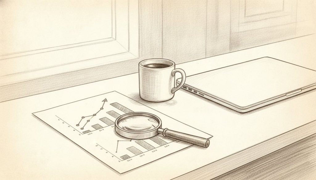 Pencil sketch of a monthly report with rising charts, a magnifying glass, coffee and a closed laptop on a desk