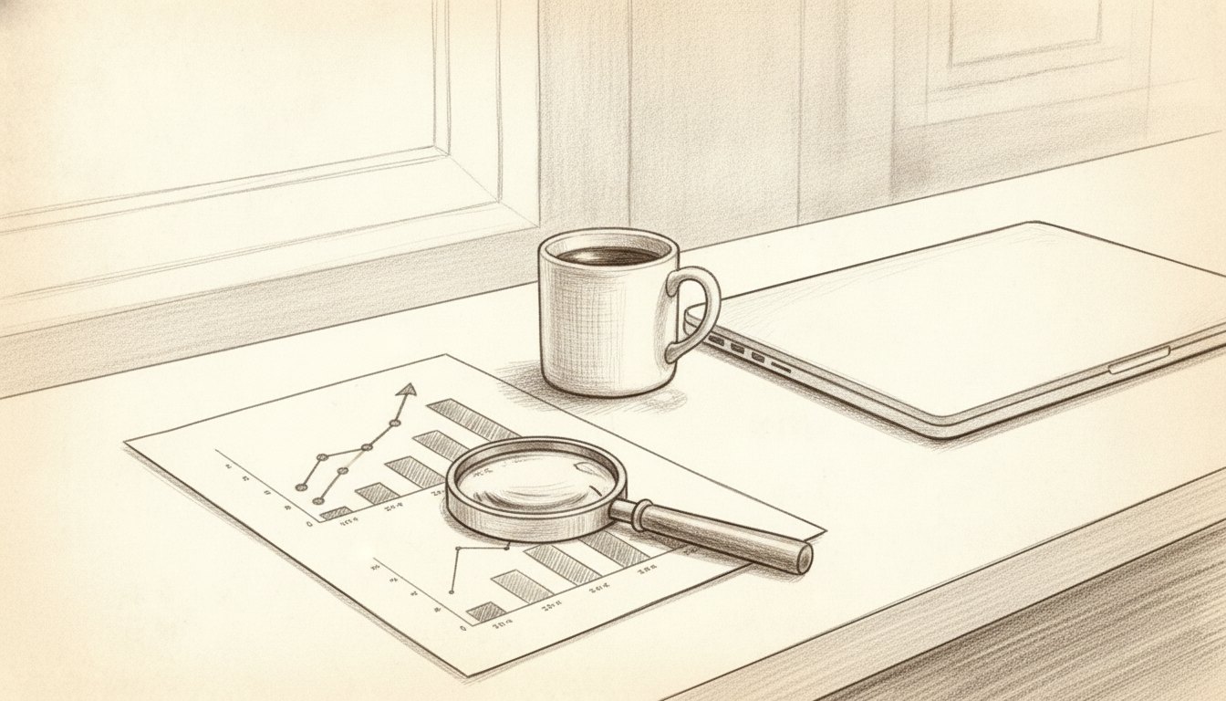 Pencil sketch of a monthly report with rising charts, a magnifying glass, coffee and a closed laptop on a desk