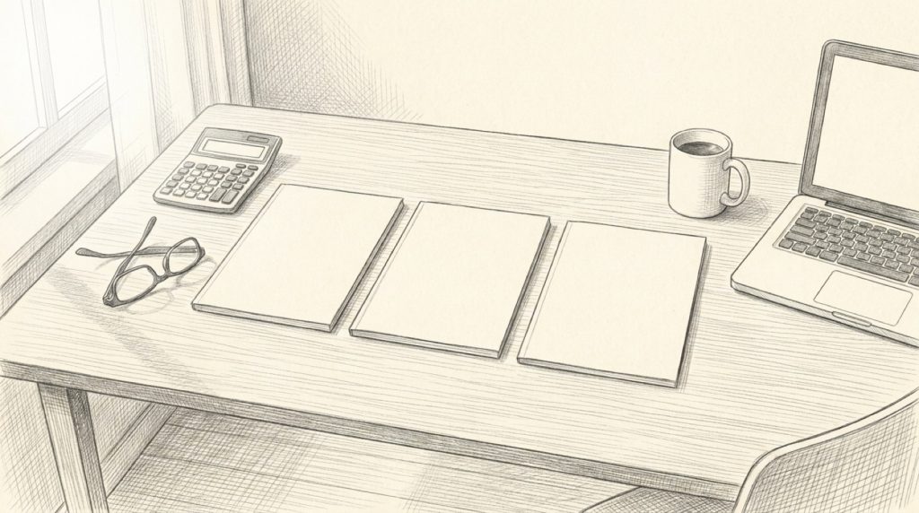 Pencil sketch of three blank proposals side by side on a desk with a calculator, reading glasses, coffee and a laptop