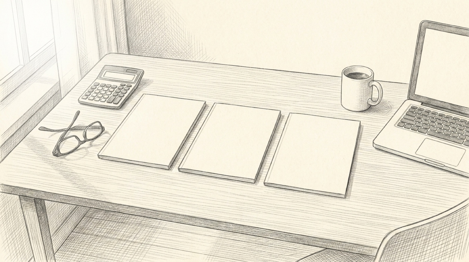 Pencil sketch of three blank quotes laid side by side on a desk with a calculator, reading glasses, coffee and a laptop