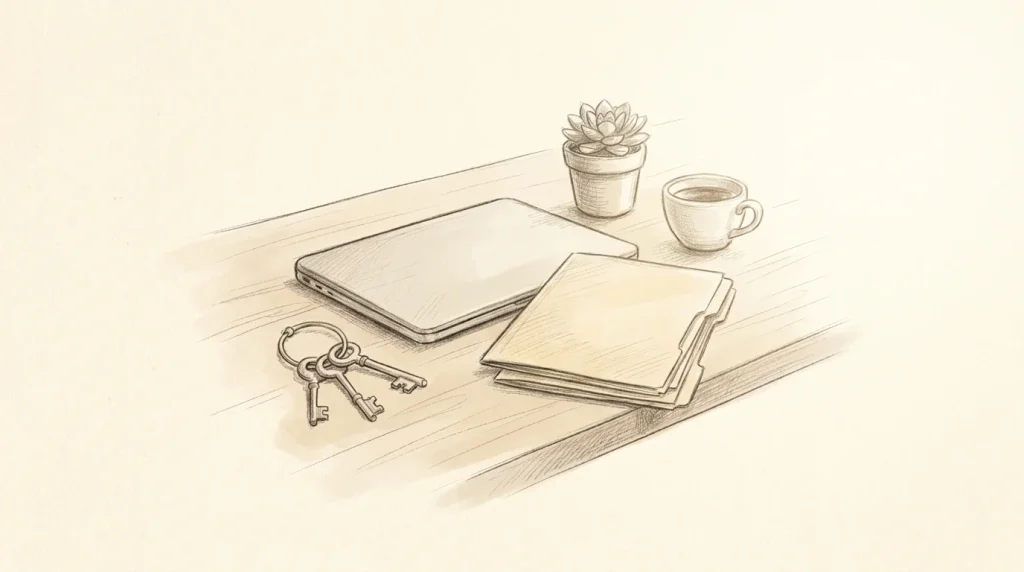 Pencil sketch of a ring of keys beside a closed laptop and a stack of folders on a desk, suggesting a handover of business accounts