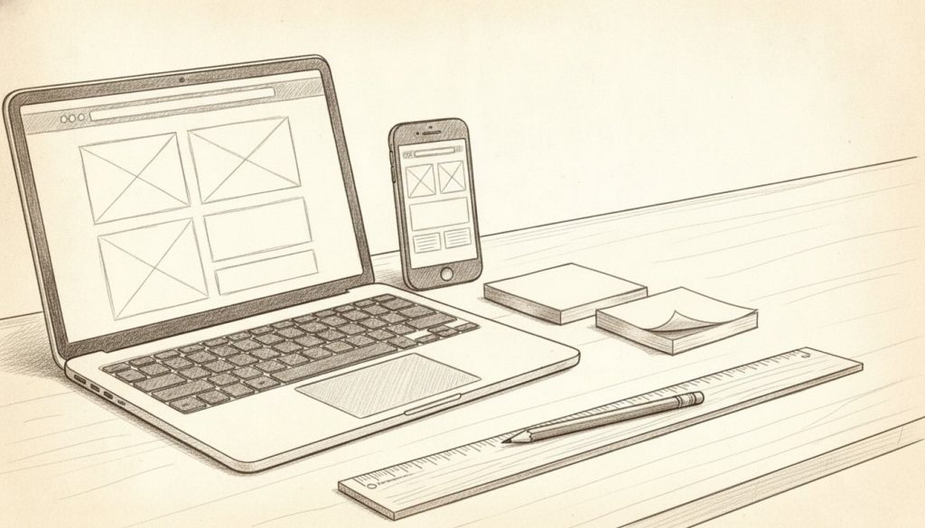 Pencil sketch of a laptop and a phone showing the same website layout, with sticky notes, a ruler and a pencil