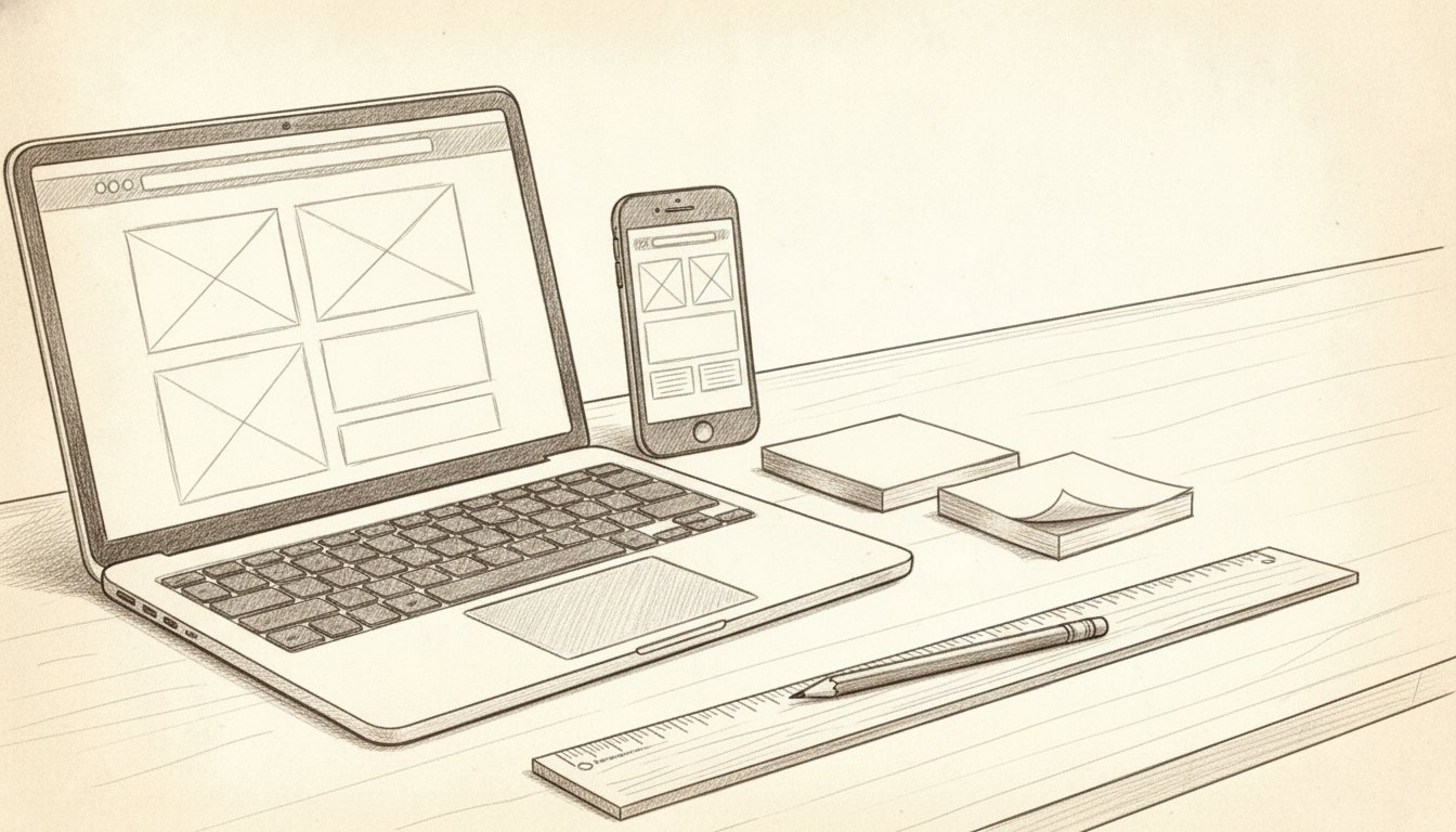 Pencil sketch of a laptop and a phone showing the same website layout, with sticky notes, a ruler and a pencil